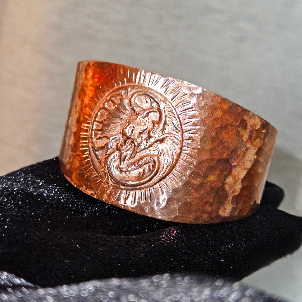 Light Weight Copper Hammered Finish With Dragon Design, Adjustable!
